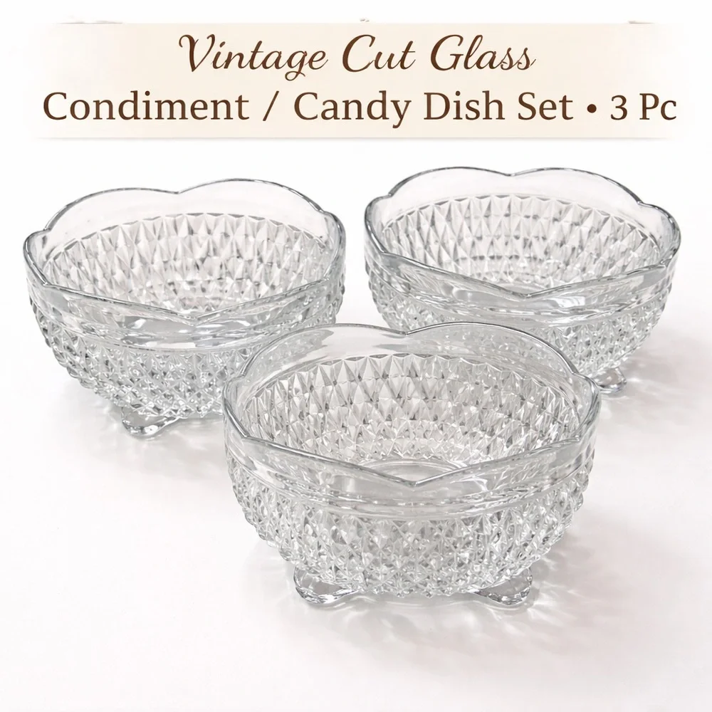 🩶 Elegant VTN Cut Glass Condiment footed Serving Dish Trio Set of 3 Fluted edge